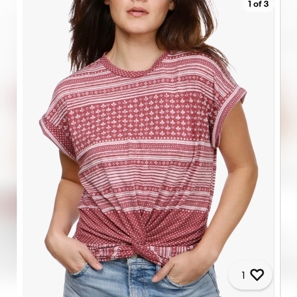 Lucky Brand Twist Hem Stripe Geometric T Shirt Top Earth Faded Red Tee XL - Picture 1 of 7
